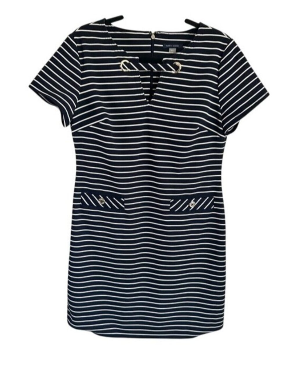 Tommy Hilfiger Striped Navy White Short Sleeve Shift Dress Sz 10 Preppy Coastal
